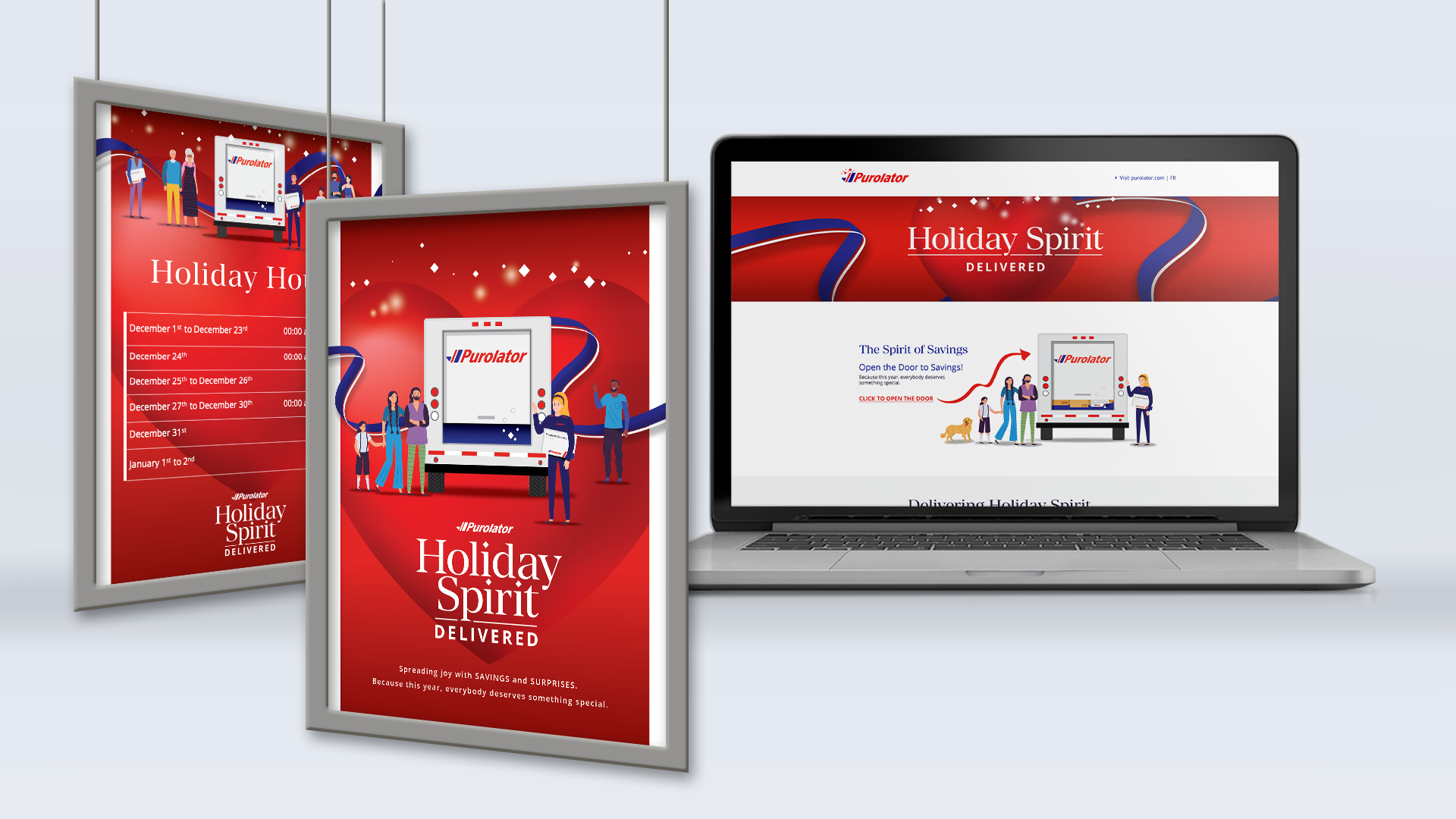 Holiday Spirit Delivered campaign landing page and posters