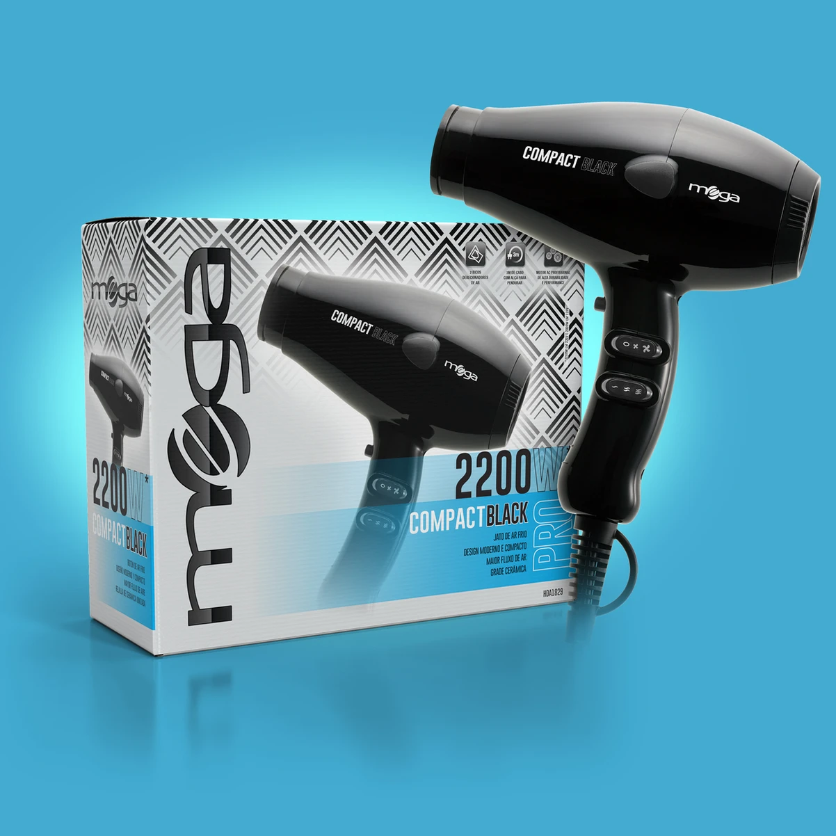 Mega compact black hair dryer packaging